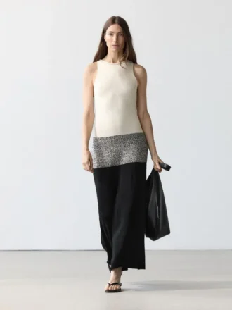 100% Cotton Contrast Knit Midi Dress