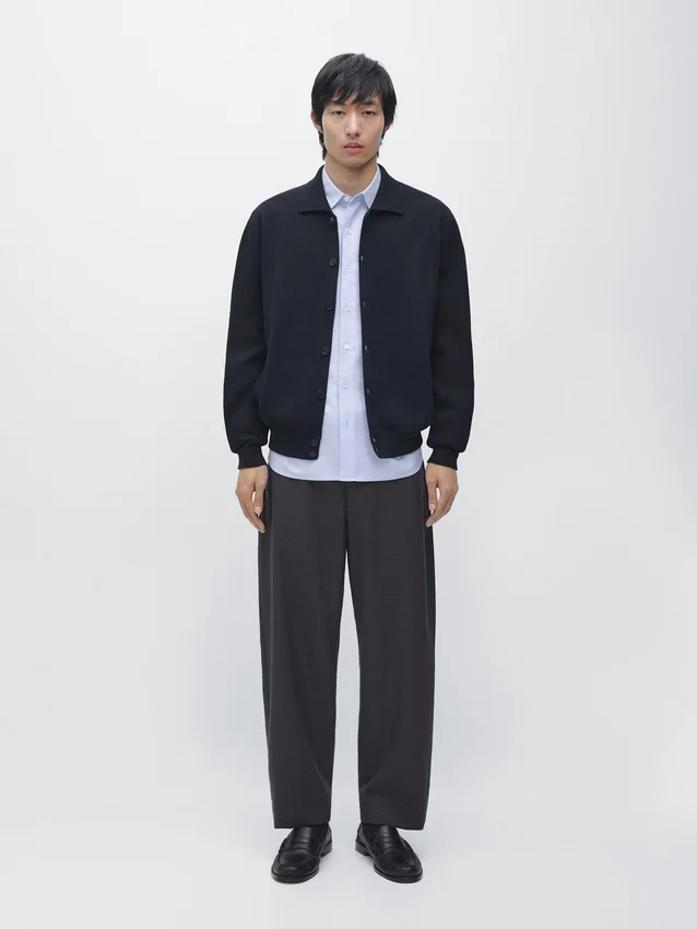 100% Cotton Knit Cardigan with Polo Collar 100% Cotton Knit Cardigan with Polo Collar