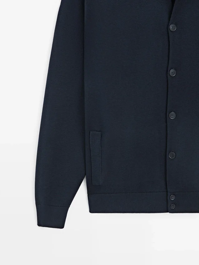 100% Cotton Knit Cardigan with Polo Collar 100% Cotton Knit Cardigan with Polo Collar