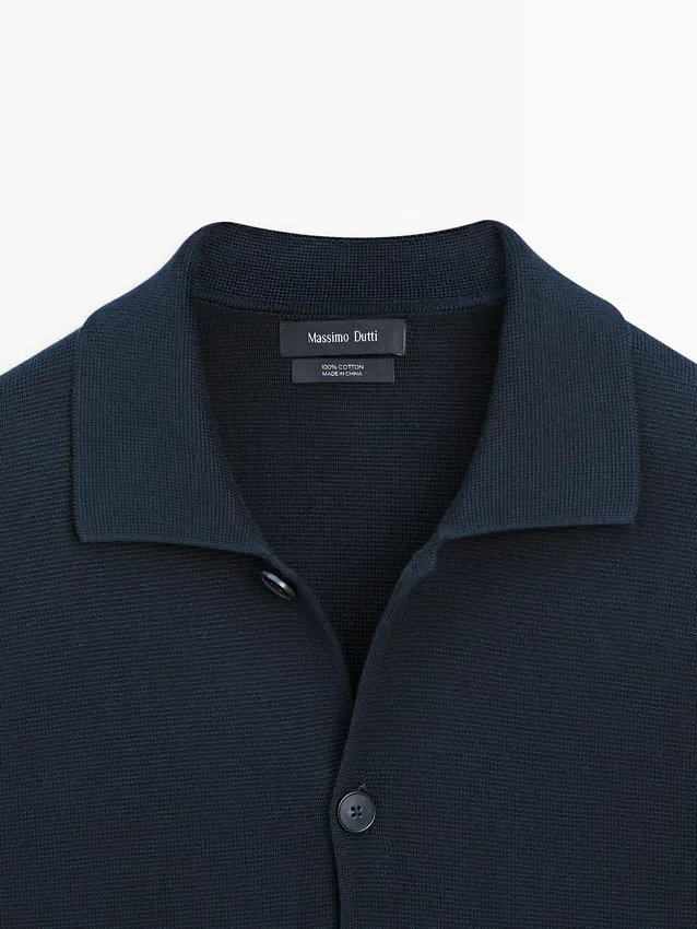 100% Cotton Knit Cardigan with Polo Collar 100% Cotton Knit Cardigan with Polo Collar