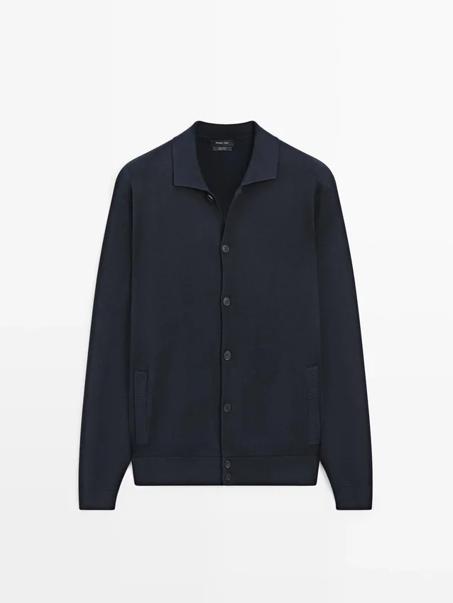 100% Cotton Knit Cardigan with Polo Collar 100% Cotton Knit Cardigan with Polo Collar