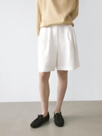 100% Linen Short Pleated Bermuda Shorts