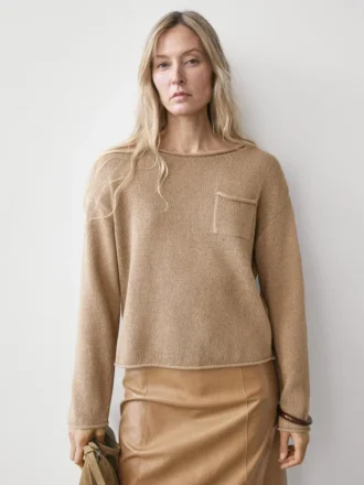 Cotton and Linen Knit Sweater with Pocket Detail