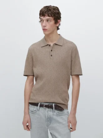 Cotton Blend Cable-Knit Polo Sweater