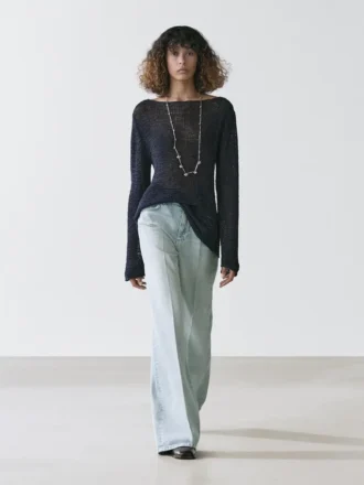 Cotton Blend Knit Boat Neck Sweater