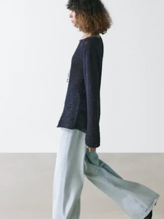 Cotton Blend Knit Boat Neck Sweater