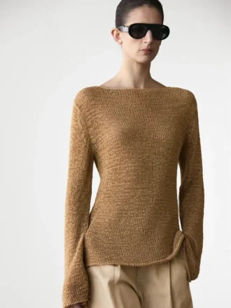 Cotton Blend Knit Boat Neck Sweater