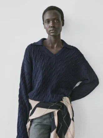 Cotton Blend Knit Polo Collar Sweater