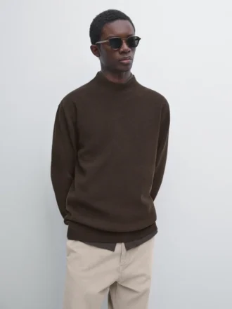 Cotton Blend Knit Sweater with Mock Turtleneck