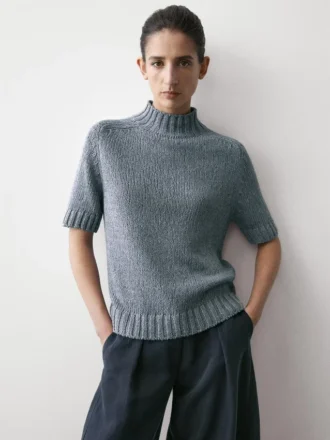 Cotton Blend Knit Sweater with Mock Turtleneck