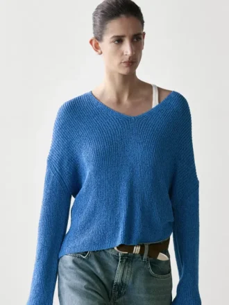 Cotton Blend V-Neck Knit Sweater