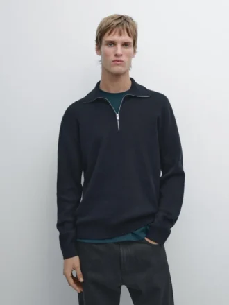 Cotton Mock Neck Knit Sweater with Zip