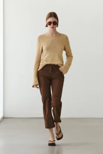 Cropped Suede Leather Trousers with Drawstrings