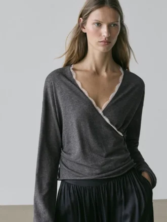 Cross-Over Knit Cardigan with Lace Detail