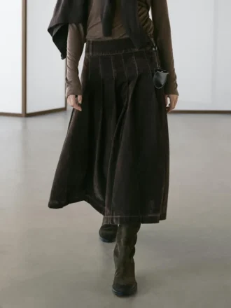 Flocked Denim Midi Skirt with Box Pleats