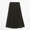 Flocked Denim Midi Skirt with Box Pleats