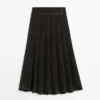 Flocked Denim Midi Skirt with Box Pleats