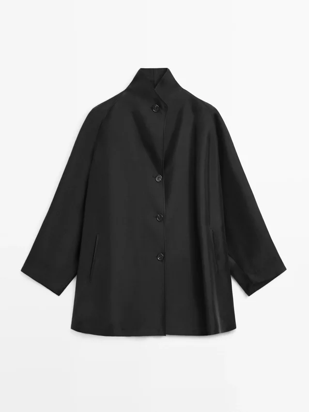 Flowing Voluminous Cape with Button Details Flowing Voluminous Cape with Button Details