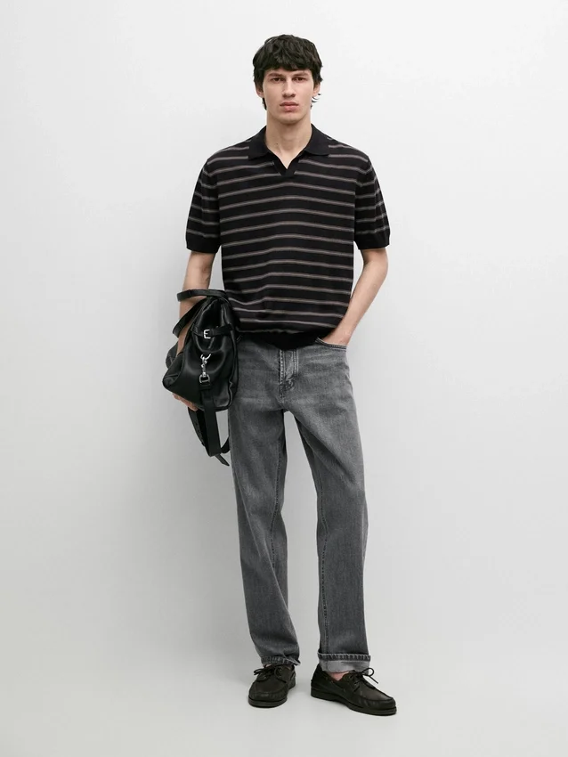 Knit Polo Sweater with Contrast Stripes Knit Polo Sweater with Contrast Stripes