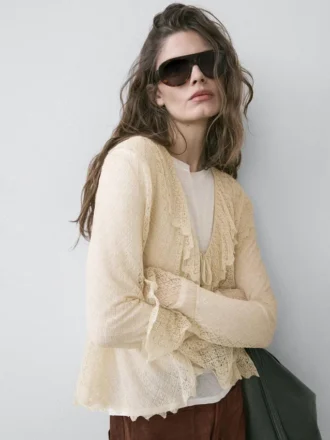 Linen Blend Cardigan with Ruffle Details
