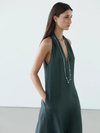 Linen Blend Midi Dress with V-Neckline