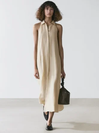 Linen Blend Polo Collar Midi Dress