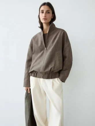 Linen Melange Bomber Jacket with Scarf