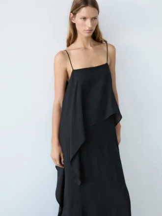Midi Dress with Asymmetric Ruffle Detail