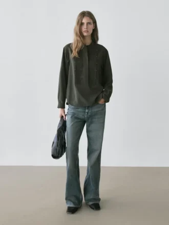 Pintuck Shirt with Stand Collar