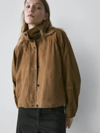 Short Suede Leather Bomber Jacket