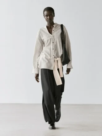 Striped Flowing Shirt with Stand Collar