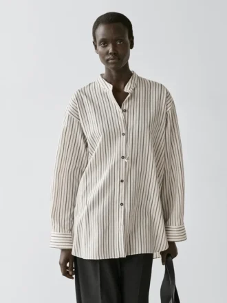 Striped Flowing Shirt with Stand Collar