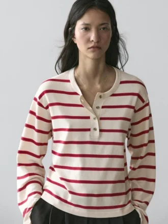 Striped Knit Cotton Henley Sweater