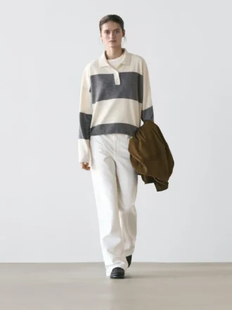 Striped Knit Polo Collar Sweater