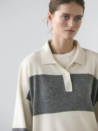 Striped Knit Polo Collar Sweater