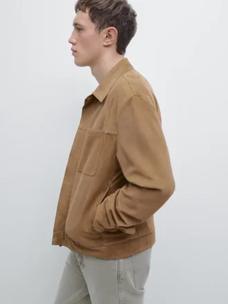 Suede Leather Jacket with Pocket Detail