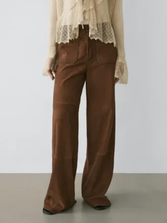 Suede Leather Wide-Leg Trousers with Pockets