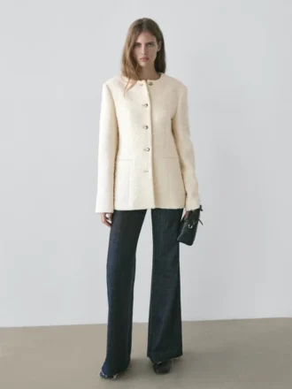 Textured Wool Blend Jacket with Rhinestone Buttons