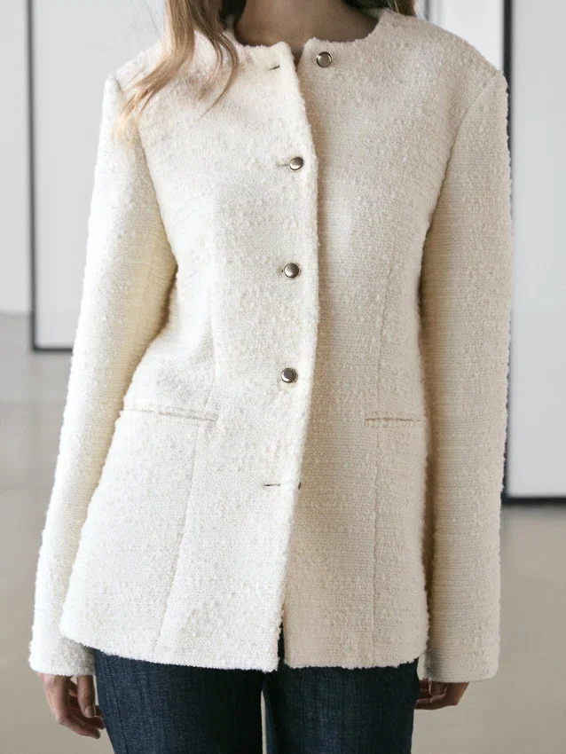 Textured Wool Blend Jacket with Rhinestone Buttons Textured Wool Blend Jacket with Rhinestone Buttons