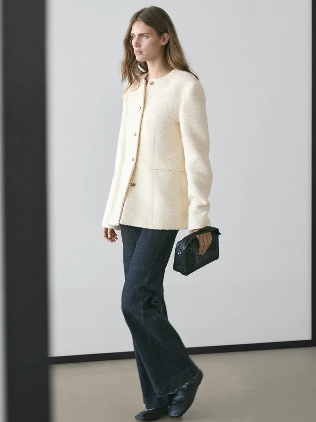 Textured Wool Blend Jacket with Rhinestone Buttons Textured Wool Blend Jacket with Rhinestone Buttons