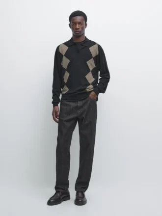 Wool Blend Argyle Knit Polo Sweater