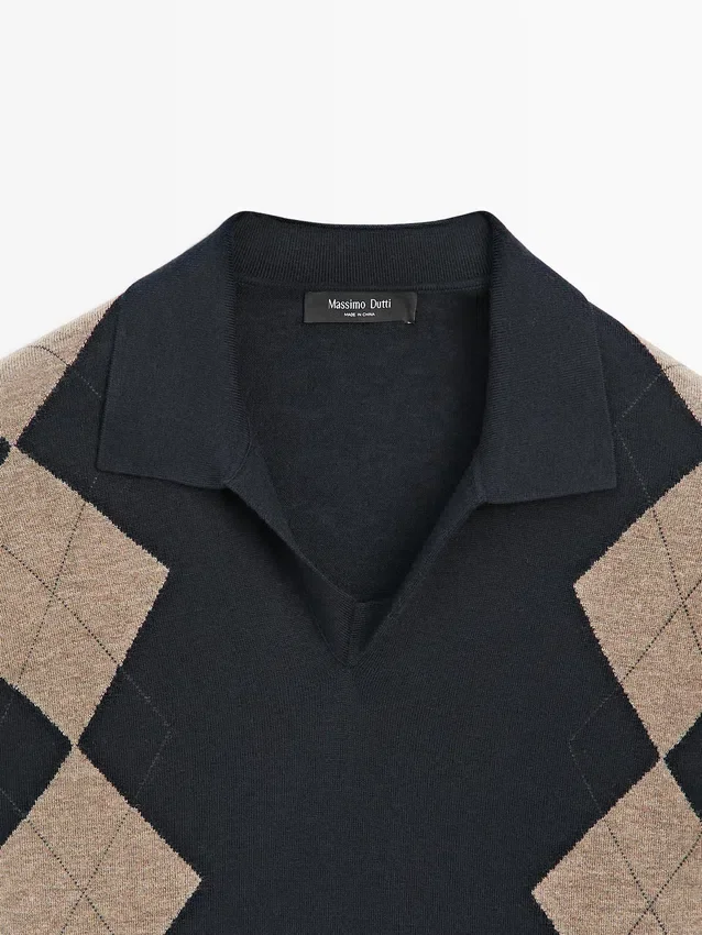 Wool Blend Argyle Knit Polo Sweater Wool Blend Argyle Knit Polo Sweater