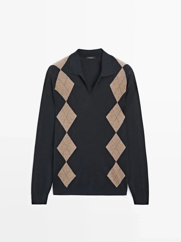Wool Blend Argyle Knit Polo Sweater Wool Blend Argyle Knit Polo Sweater