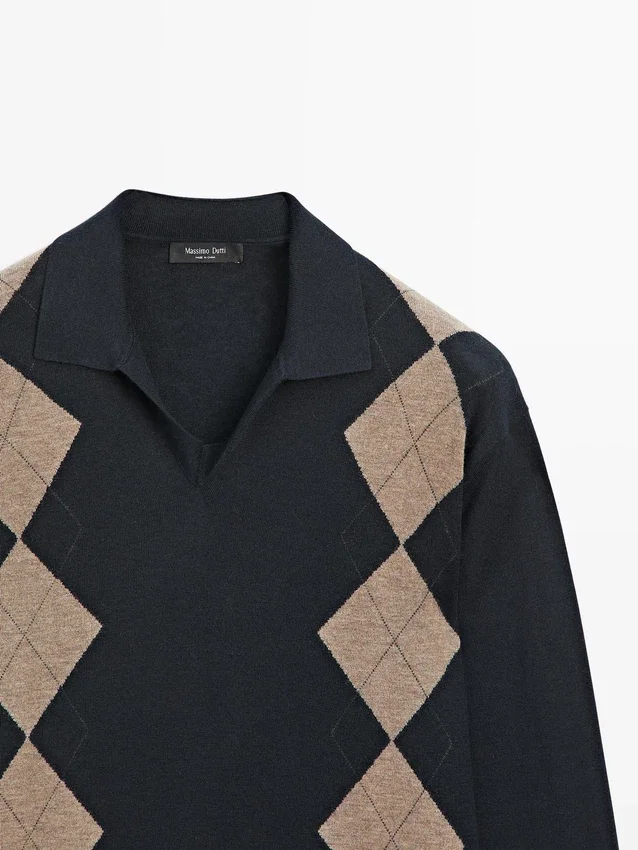 Wool Blend Argyle Knit Polo Sweater Wool Blend Argyle Knit Polo Sweater