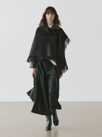 Wool Blend Knit Cape with Fringing