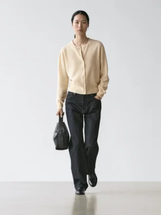 Wool Knit Cardigan with Crew Neck