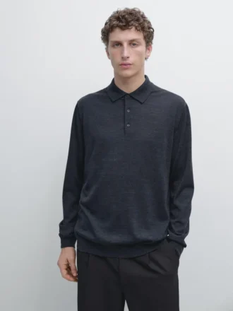 Wool Knit Sweater with Polo Collar